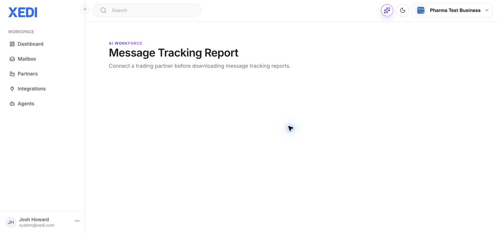 Message Tracking Report screen in XEDI showing that a trading partner connection is required