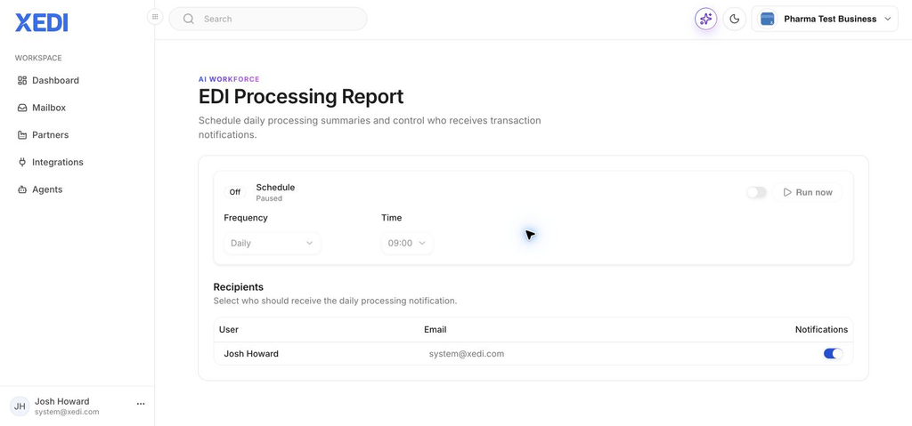 EDI Processing Report schedule and recipient controls in XEDI