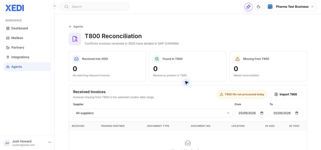 T800 Reconciliation screen showing XEDI invoice status, supplier filter and date range