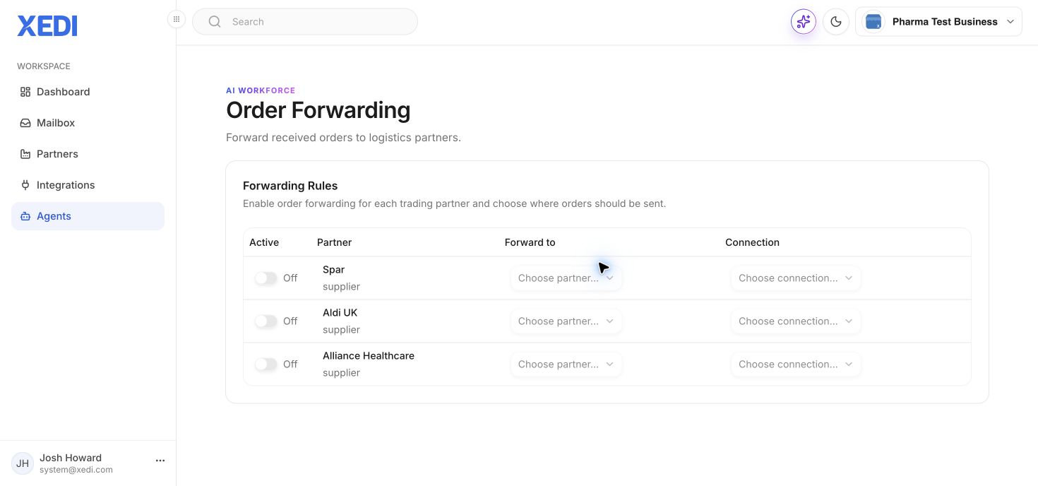 Set up order forwarding in XEDI