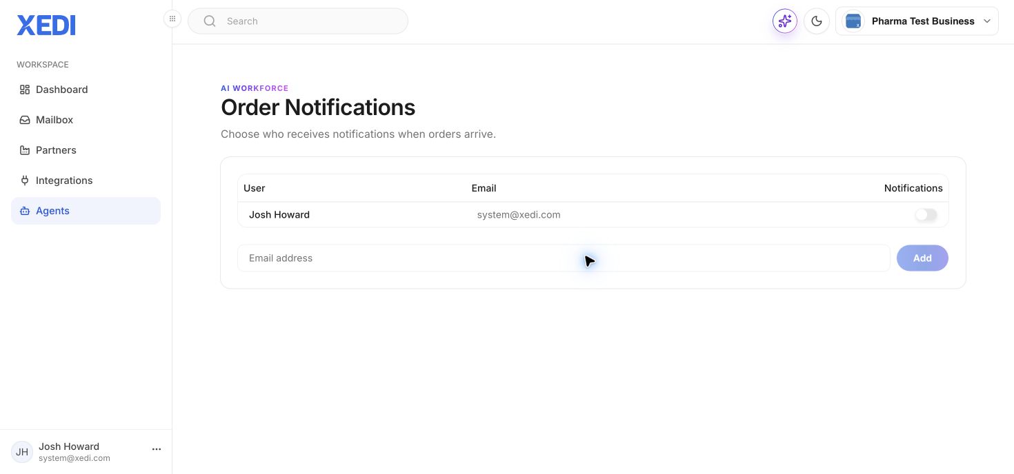 Manage order notifications in XEDI