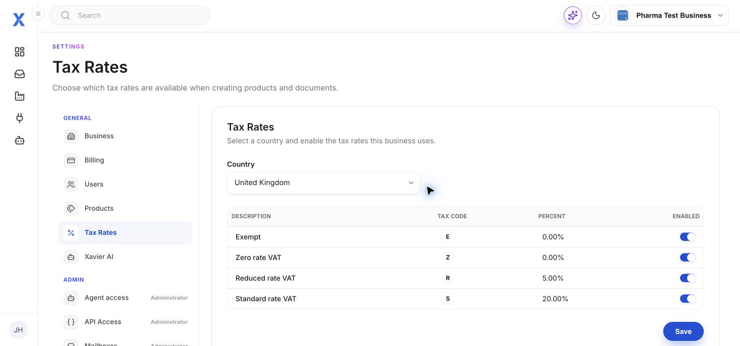 Set available tax rates in XEDI