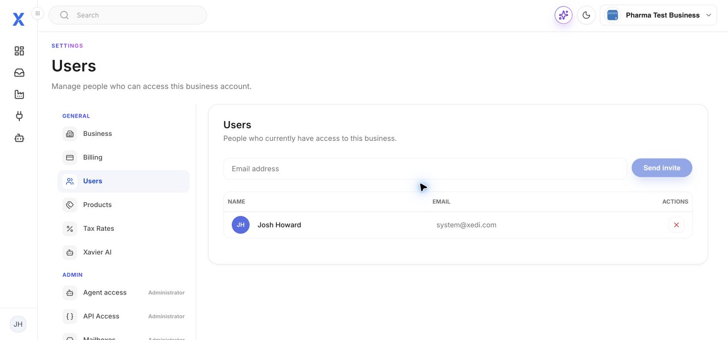 Invite and remove business users in XEDI